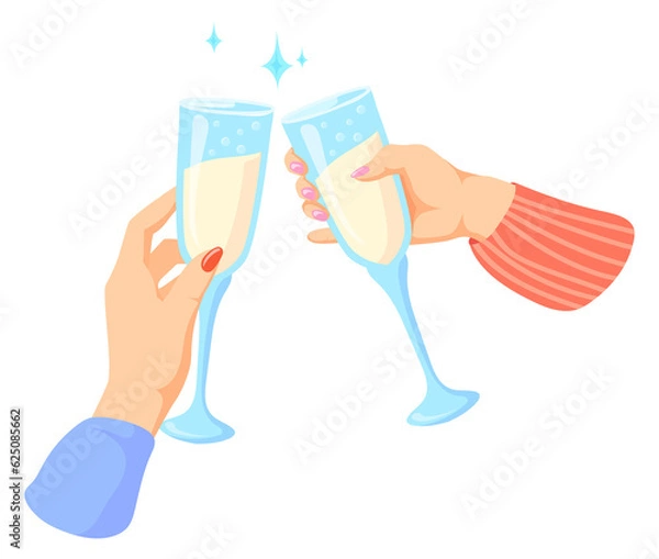 Fototapeta Cheers with sparkling wine. Party celebration. Cartoon hands