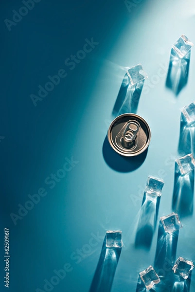 Fototapeta Creative summer composition with can of soda and ice cubes. Minimal lemonade drink concept.