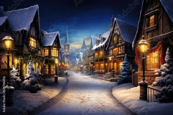 Obraz Vintage style snowy Christmas village scene - AI Generated