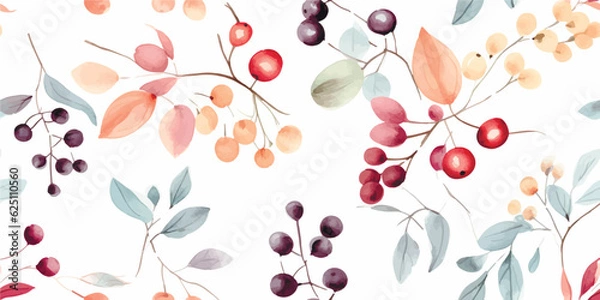 Fototapeta Floral abstract pattern with leaves and berries, seamless colorful print, autumn watercolor illustration on white background