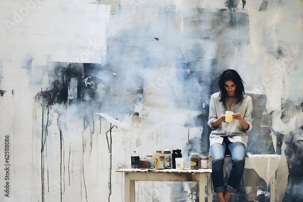 Fototapeta Coffee Break for an Attractive Artist at Work on an Abstract Painted Room Wall