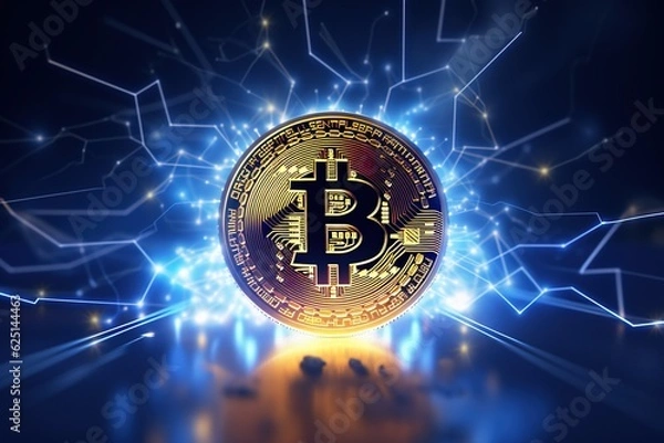 Fototapeta Bitcoin cryptocurrency coin on dark background. Cryptocurrency concept.Generative Ai