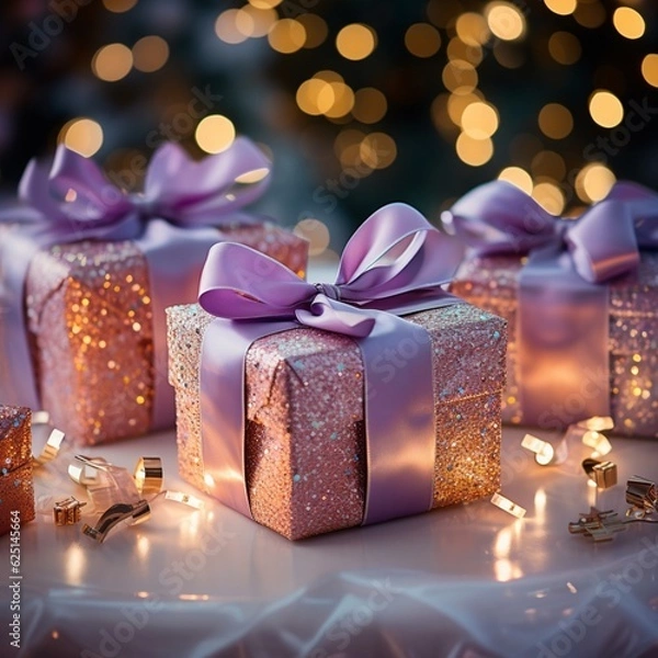 Fototapeta merry Christmas Joyful gift boxes with bokeh background