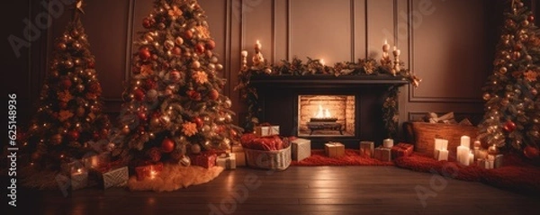 Fototapeta Banner beautiful christmas tree with golden balls and gifts on defocused warm evening background of cozy home interior with fireplace in golden red and brown tones. Ai generative.