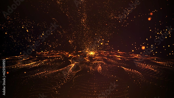 Fototapeta Beautiful golden galaxy particles wave with light abstract background with sparkling dust particles. 4K