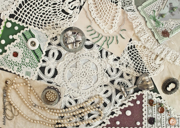 Fototapeta hand made scrapbooking post card and napkin lying on a table