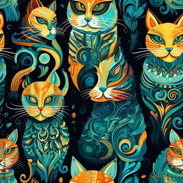 Fototapeta cats seamless pattern in style of majolica
