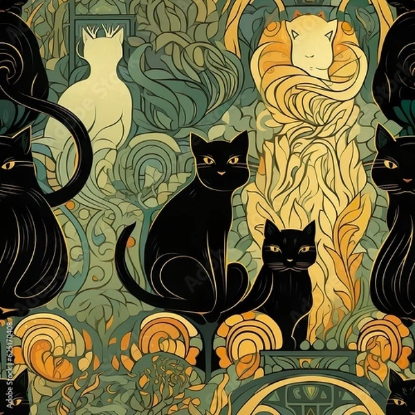 Fototapeta cats seamless pattern in style of nouveau
