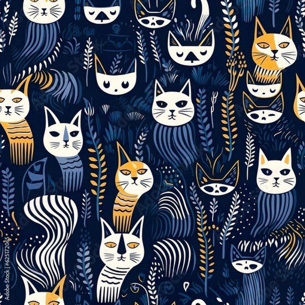 Fototapeta cats seamless pattern in style of batik