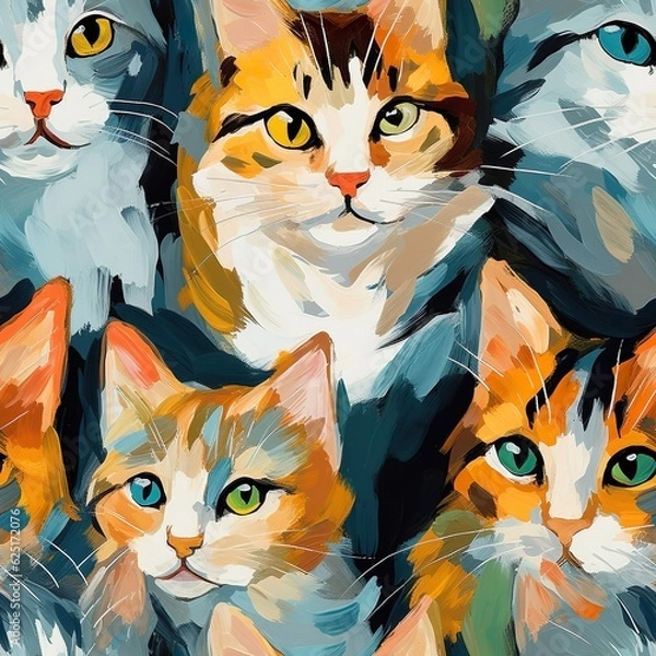 Fototapeta cats seamless pattern in style of oil painting