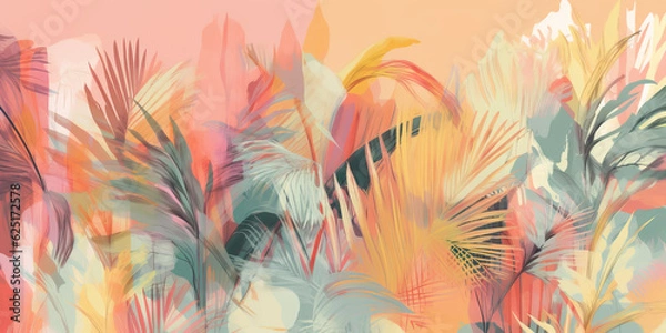 Obraz Lush tropical plants and graceful palm trees background photo wallpaper pattern. Soothing palette of delicate pastel hues painted in watercolour. Generative AI illustration
