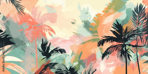 Obraz Lush tropical plants and graceful palm trees background photo wallpaper pattern. Soothing palette of delicate pastel hues painted in watercolour. Generative AI illustration