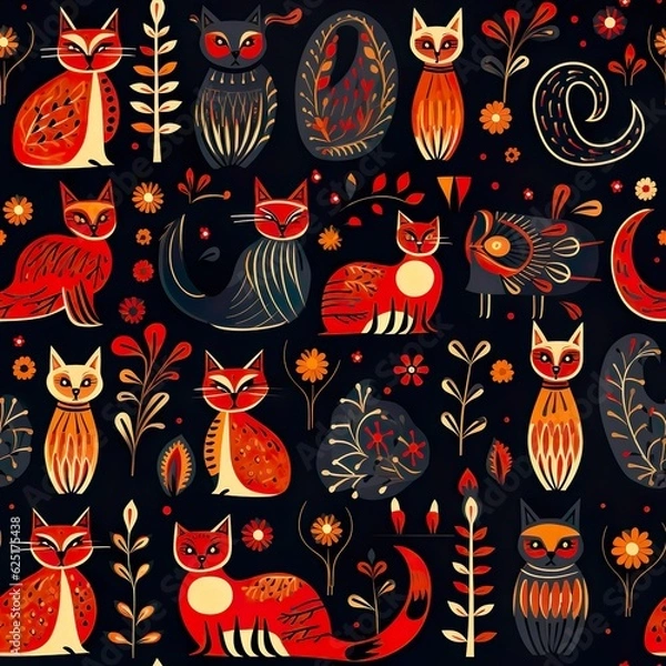 Fototapeta cats seamless pattern in style of traditional