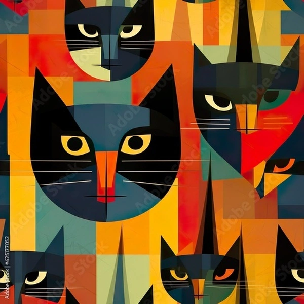 Fototapeta cats seamless pattern in style of cubism