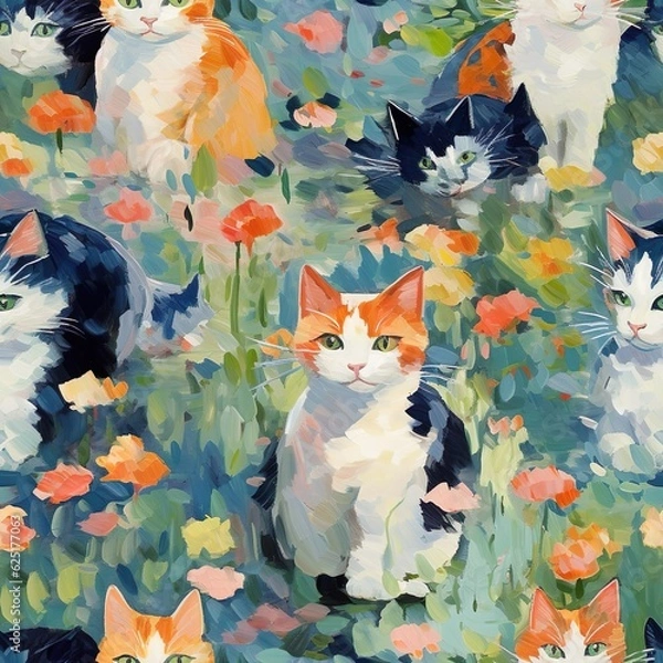 Fototapeta cats seamless pattern in style of Impressionism