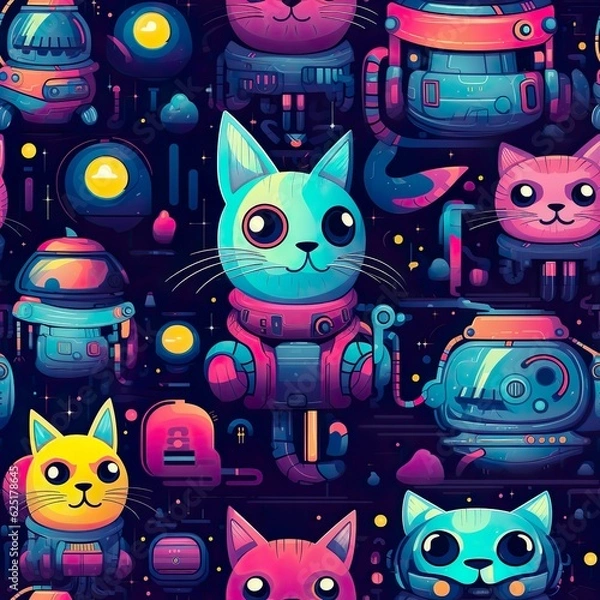 Fototapeta cats seamless pattern in style of sci-fi