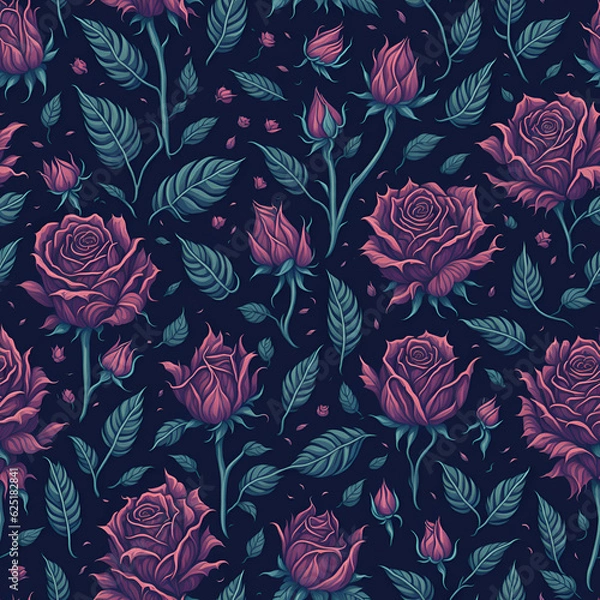 Fototapeta Blooming Passion: Red Roses with Delicate Green Leaves!