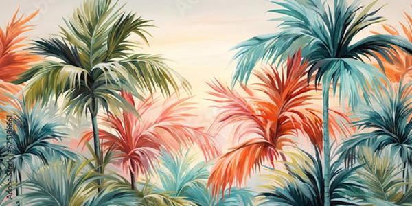 Obraz Lush tropical plants and graceful palm trees background photo wallpaper pattern. Soothing palette of delicate pastel hues painted in watercolour. Generative AI illustration