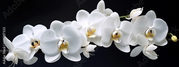Fototapeta Orchids flowers background banner panorama - Beautiful blooming white orchid branch, (orchidaceae), isolated on black table background, top view (Generative Ai)