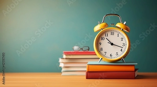 Fototapeta Retro yellow alarm clock and vision glasses stand on a stack of colored books on a wooden table on a blurred green school board background with copy space, back to school concept, promo banner