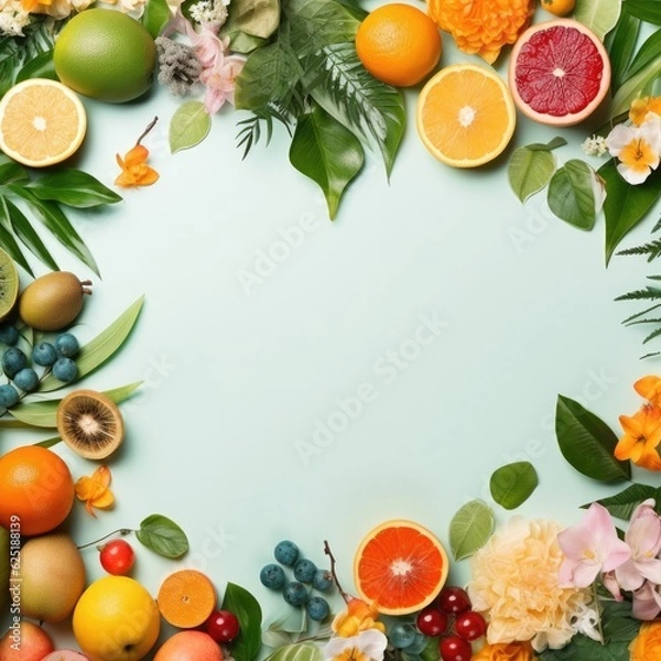 Fototapeta Summer tropical background with a space for a text, various fruits. Generative AI.