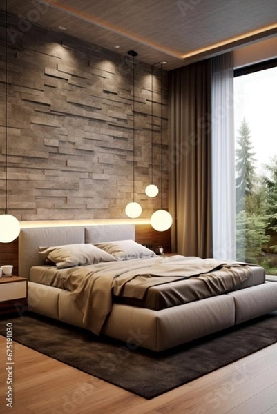 Fototapeta Sleek designer bedroom with chic details and natural wood on walls