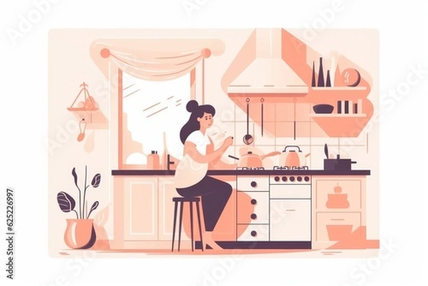 Fototapeta A woman is sitting on a table in the kitchen. architecture illustration with furniture and interior