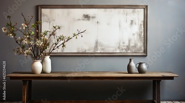 Fototapeta  a table with two vases and a painting on the wall.  generative ai