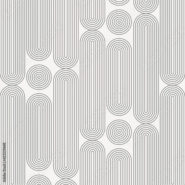 Fototapeta Linear vector pattern, repeating linear circle and linear rounded rectangle shape randomly, monochrome styles. Pattern is clean for fabric, wallpaper, printing. Pattern is on swatches panel