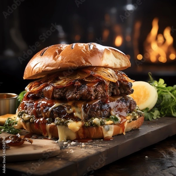 Fototapeta A burger is a sandwich consisting of one or more cooked patties of ground meat, usually beef, placed inside a sliced bread roll or bun. The patty may be pan-fried, grilled, or flame-broiled.