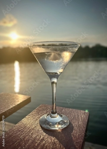 Fototapeta A martini cocktail sits on the arm of a red chair by a sunset over the water.