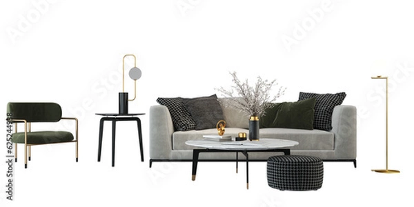 Fototapeta Interior furniture set 3D render. Living room house floor template background mockup design , isolated on transparent background.