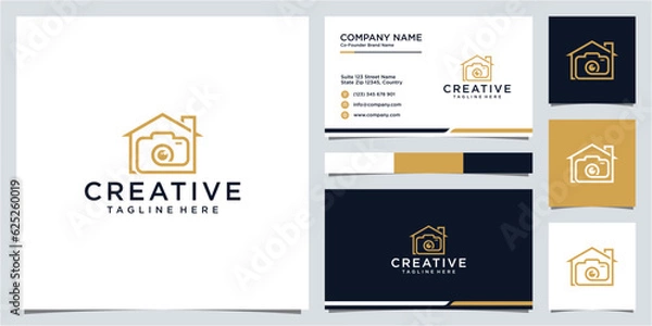 Fototapeta Minimalist real estate and lens photography logo design and business card template.