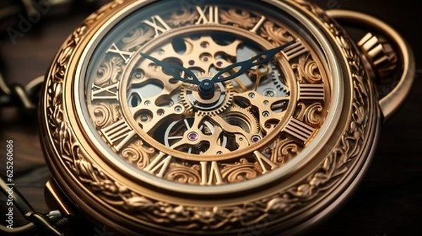 Fototapeta  a close up of a gold pocket watch on a table.  generative ai