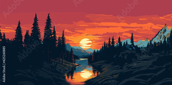 Fototapeta Vector illustration. Forest landscape at sunset.