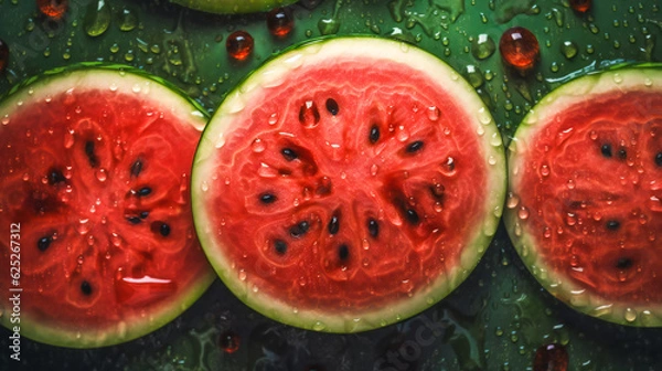 Fototapeta Juicy Watermelon Background with Sparkling Water Drops. Top Down Shot. Generative AI