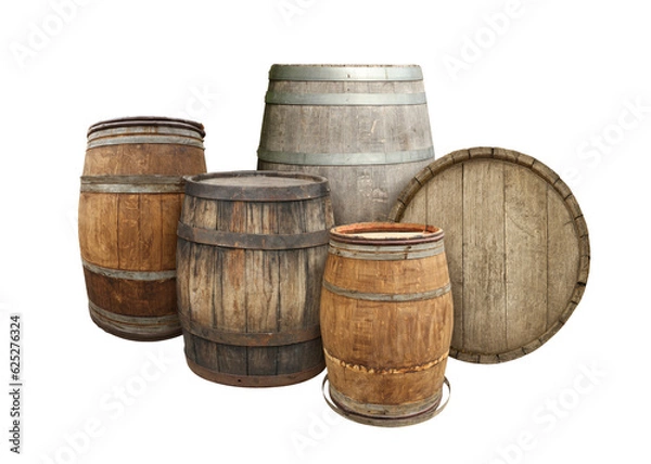 Fototapeta Many different wooden barrels on white background