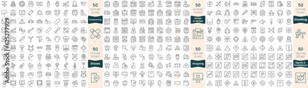Fototapeta 300 thin line icons bundle. In this set include shooting, shopping, shops and stores, shows, signals and prohibitions, skateboarding