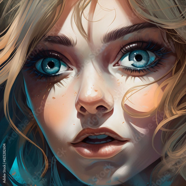 Obraz A woman with mesmerizing blue eyes and a worried expression comic style illustration Generative Ai