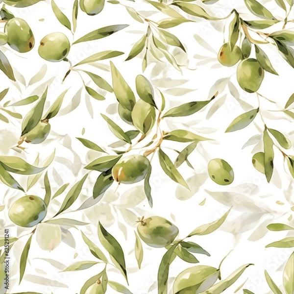 Obraz Olives seamless pattern color sketch style hand drawn background, olive branches with leaves on white background. Italian food. ai