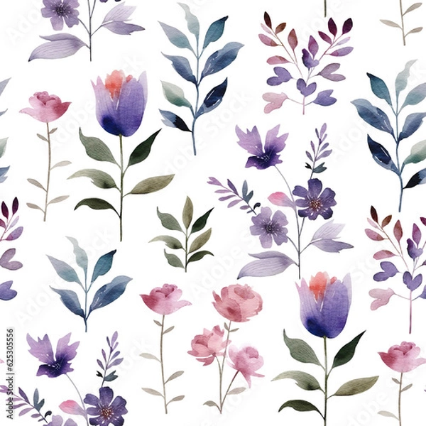 Fototapeta Seamless botanical pattern with flowers and branches. watercolor illustrations.