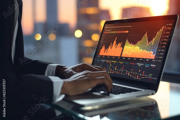 Fototapeta businessman investor working on laptop computer financial with graphic graph chart diagram, stock market, business strategy, investment, digital technology, trading statistics concept, Generative AI