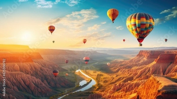Obraz Grupa balonów na gorące powietrze lecących nad kanionem