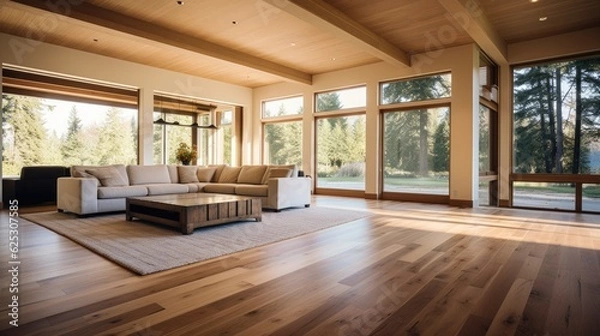 Fototapeta a large living room with a large wood floor