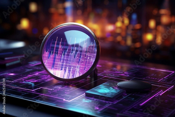 Obraz Data analysis, search engine optimization or SEO. magnifier, charts, graphs. ultraviolet and neon screen. AI generative