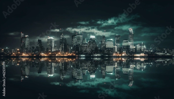 Fototapeta Modern skyline illuminates waterfront city with futuristic architecture and reflection generated by AI