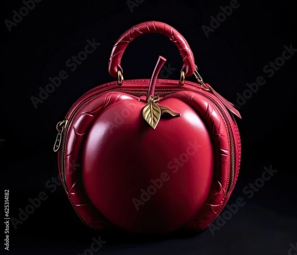 Fototapeta Red leather handbag in the shape of an apple isolated on black background