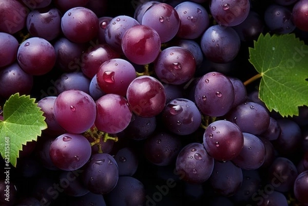 Fototapeta bunch of blue grapes with leafs, generative AI.