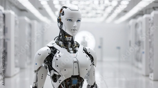 Fototapeta  A robotic figure in a white room, surrounded by robot army , group of cyborgs in factory