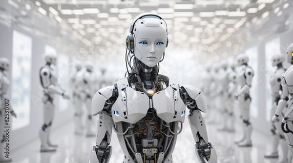 Fototapeta   A robotic figure in a white room, surrounded by robot army , group of cyborgs in factory